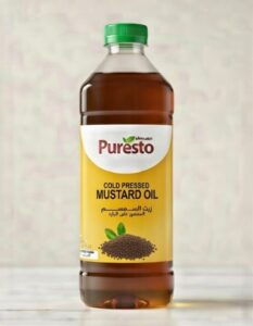 Cold pressed mustard oil 1ltr Puresto Cold Pressed Mustard Oil in a glass bottle, 100% natural and pungent for traditional Indian and Bengali cooking.