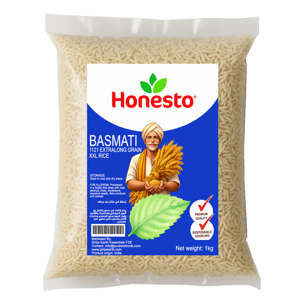 Aged long-grain Basmati rice known for its aroma and fluffy texture, available online in UAE.