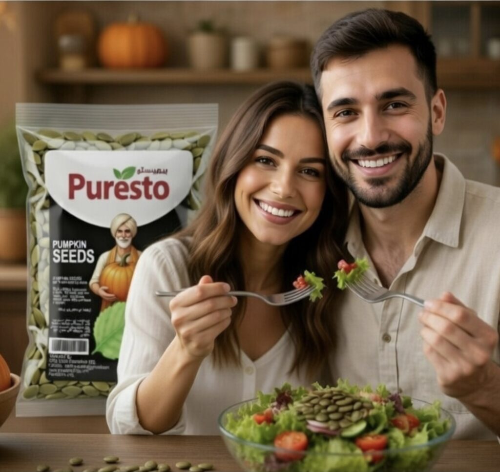 Family enjoying salad, with Puresto sunflower seeds, grains