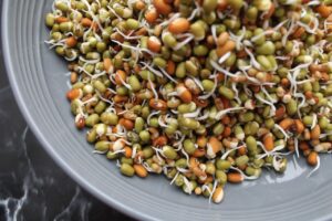 Vibrant close-up of mixed bean sprouts green whole moong 1kg, filling a modern bowl.